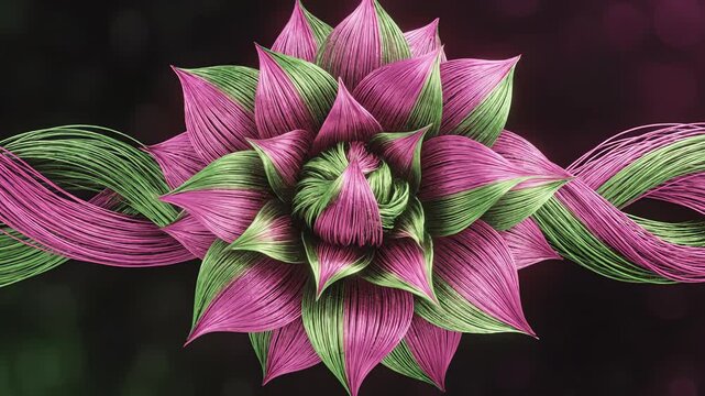 Seamlessly looping abstract motion graphic where flowing pink and green threads weave together and rapidly merge to spontaneously generate a stylized floral pattern stylized floral pattern