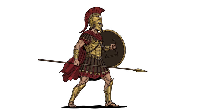 Ancient Greek warrior in armor with shield and spear ready for battle