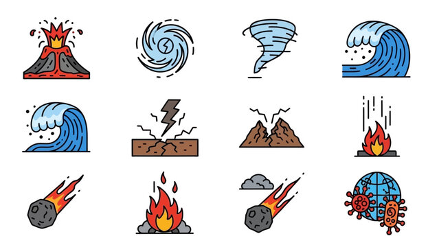 Set of 12 natural disaster and virus icons in cartoon style