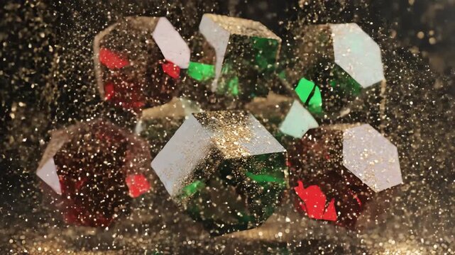 Seamlessly looping abstract motion graphics animation featuring swirling gold particles settling around minimalist emerald and ruby geometric Christmas ornament shapes swirling gold particles