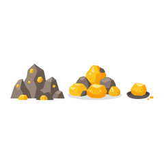 Isometric gold nugget piles and golden ore vector for mining loot.