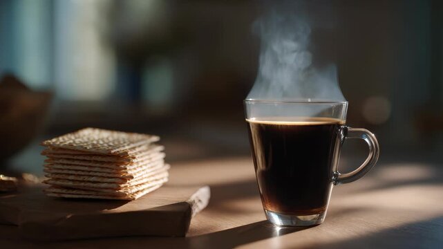 Morning coffee with matzah, a jewish tradition for passover holiday
