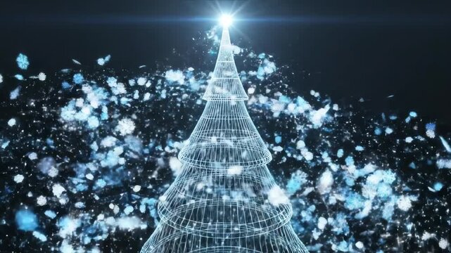 Seamlessly looping abstract motion graphics animation of stylized digital snowflakes swirling around a minimalist three dimensional wireframe Christmas tree structure tech, holiday, swirling