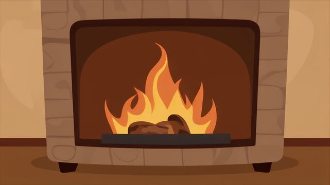 A cheerful animated fireplace with a warm orange fire burning brightly creating a cozy comforting ambiance