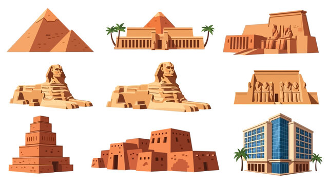 Ancient Egyptian landmarks and modern architecture illustrations set