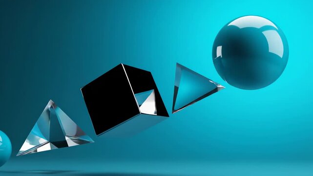 Seamlessly looping abstract geometric shapes rotating and floating across a minimal teal and aqua blue gradient field minimalist, mid-century, decorative objects
