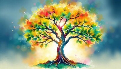 Vibrant watercolor Tree of Life with ethereal glow, symbolizing growth, connection, and spiritual harmony,  hand painted,  nature
