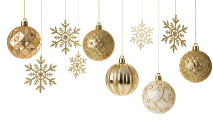 Golden christmas ornaments and snowflakes hanging on strings against white background