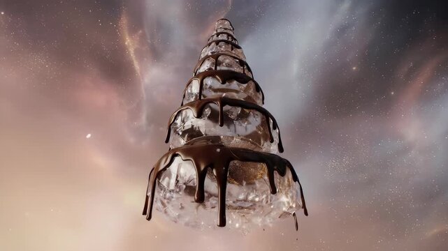Abstract tower with chocolate drizzle in a starry sky