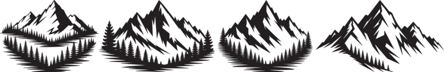 Minimal black mountain silhouette border with rugged peaks isolated on white background