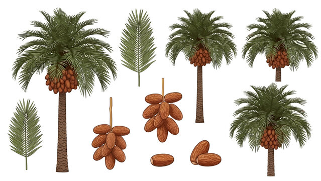Detailed date palm trees and fruit illustrations for design