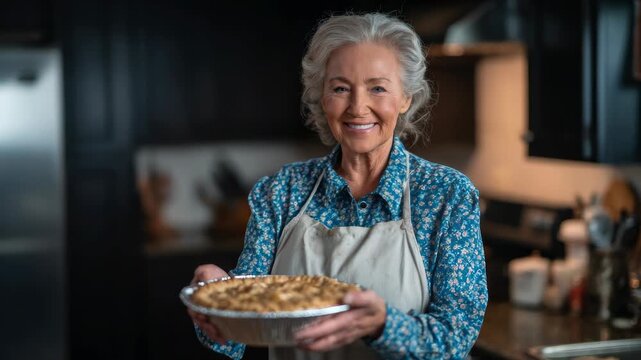Smiling senior woman proudly displays her freshly baked apple pie