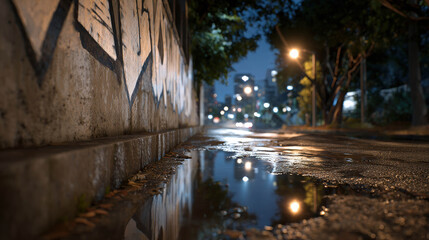 Fototapeta premium Nighttime Urban Scene Featuring Large Concrete Wall with Graffiti and Reflections in Rainwater Puddle on Quiet Street