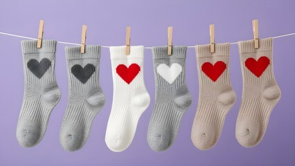 Six adorable heart themed socks hanging on a clothesline with clothespins on a purple background