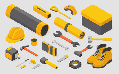 Isometric construction tools and safety equipment on white background, vector illustration showcasing helmets, hammers, wrenches, protective gear, building tools, workplace safety, construction concep