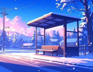 Animated bus stop scene with snow falling and winter atmosphere