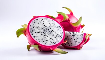 A close-up view of a fresh dragon fruit cut in half, showing vibrant pink skin and white flesh with black seeds. Ideal for tropical fruit concepts, healthy diet visuals, and food-related designs.