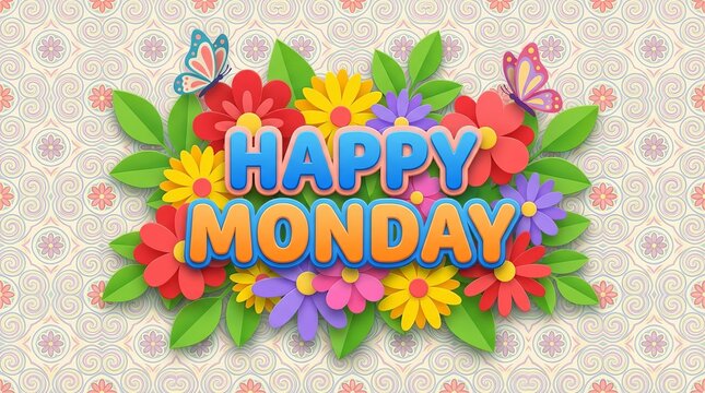 Words &lsquo;HAPPY MONDAY&rsquo; in bold lettering, surrounded flowers and fresh leaves, forming a cheerful