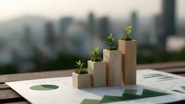 Sustainable growth concept with saplings on wooden blocks graph in city