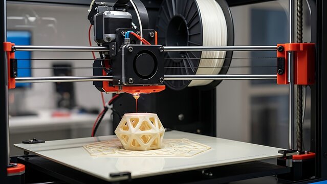 Modern 3D printer creating a complex geometric object with plastic filament. Advanced additive manufacturing technology for innovation and prototyping.