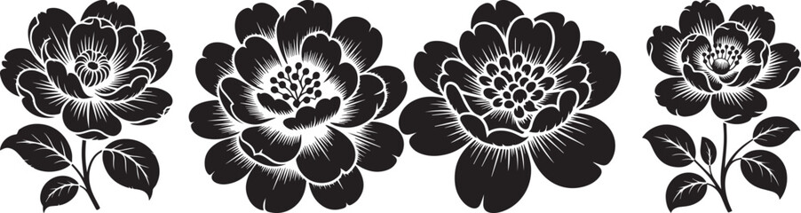 Decorative black floral border with blooming flowers isolated on white background