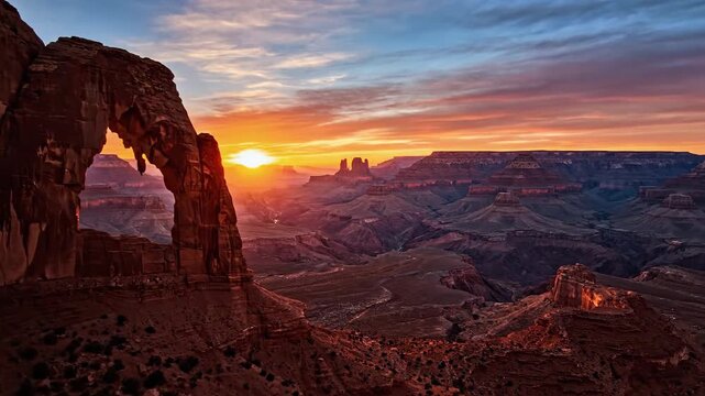 Towering rock arches frame a breathtaking desert sunset over an arid canyon landscape