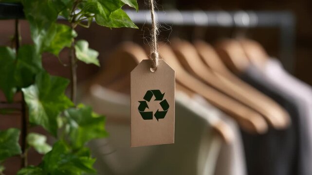 Sustainable fashion concept with clothes rack and recycle label