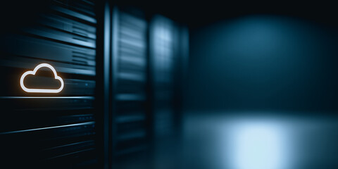 The image showcases a cutting-edge data server room, a symbol of modern data storage and security, with a digital cloud icon.