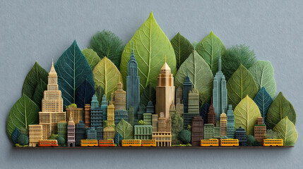 Symmetrical design material of city buildings with green leaf reflection, showing nature integration, for environmental and urban themes