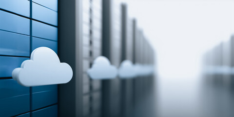 A digital rendering of cloud computing, with server racks in the background, depicts the interconnected nature of modern data management and digital infrastructure.