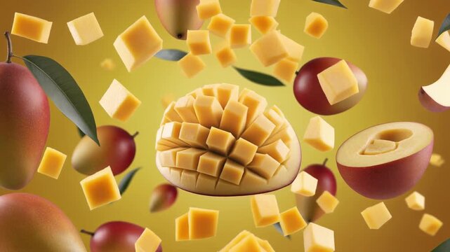 Vibrant mango pieces and whole fruits dynamically arranged on a sunny background, capturing freshness and tropical flavor