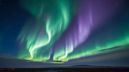 Vibrant green and purple aurora borealis dancing across a dark night sky, a stunning natural light spectacle illuminating northern landscape