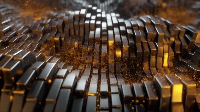 Abstract 3D render of undulating metallic bars with golden highlights, evoking a sense of digital data flow and abstract form