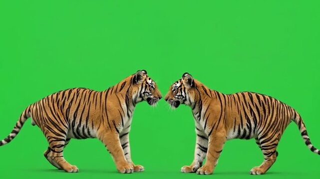 Two tigers facing each other on a green screen background, one tiger raises its paw.