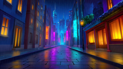 Fototapeta premium Vibrant Neon Fantasy City Street Illustration Under Rainy Night Sky with Colorful Lights and Reflections
