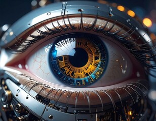 Close-up of a detailed cybernetic eye, blue iris, metallic frame