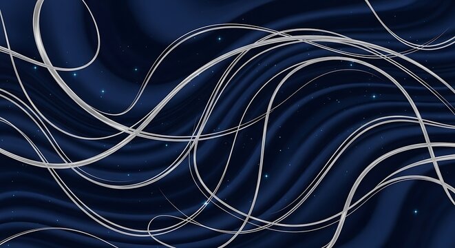 Abstract dark blue backdrop with flowing silver threads illustration