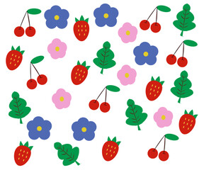 Cute Strawberry and Cherry Floral Seamless Pattern Illustration
