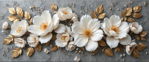A stunning arrangement of elegant white flowers and golden leaves, intricately detailed against a textured gray background.