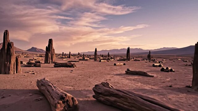 Ancient petrified trees stand like silent sentinels in a vast, arid prehistoric landscape at dusk