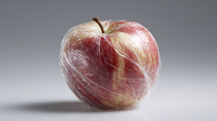 Polluted Harvest apple wrapped partially in plastic film, food-system impact metaphor