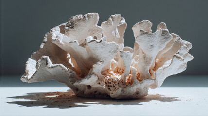 Reef Loss coral-shaped object made from white clay breaking apart, symbolic bleaching