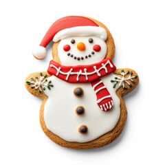 A gingerbread snowman cookie with a red hat, white scarf, and green snowflakes on a white background.