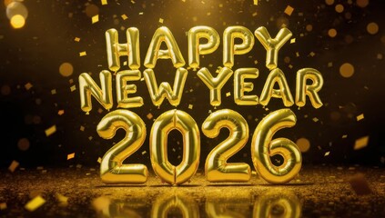 Happy New Year 2026 banner. Golden metallic foil balloons and digits 2026 standing on a glittering floor with falling confetti against a dark luxury background.