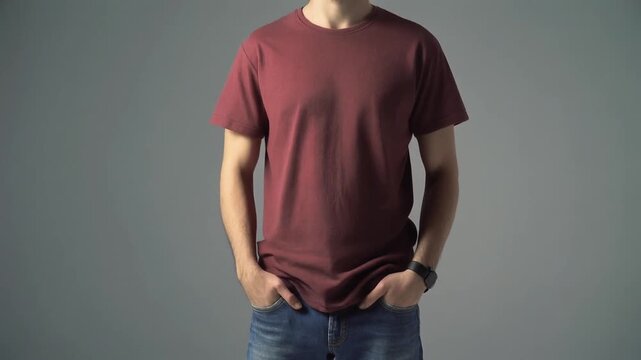 A man wearing a maroon t-shirt and blue jeans stands with hands in pockets against a gray background.