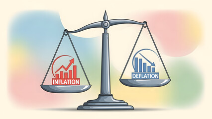 Balance scale comparing inflation and deflation economic concepts with charts