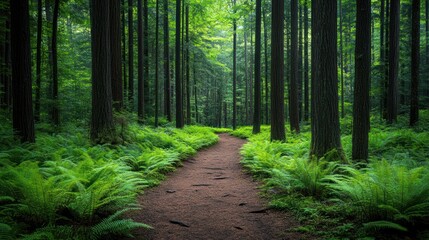 Obraz premium Forest path, ferns, trees, sunlight, nature, tranquil, background, wallpaper