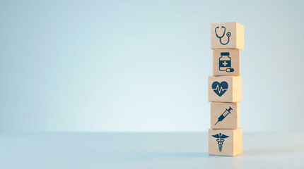 Stacked wooden blocks displaying various health and medical icons on light blue backdrop
