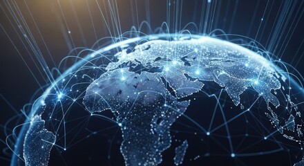 A globe with glowing continents and lines connecting them, set against a dark blue background.