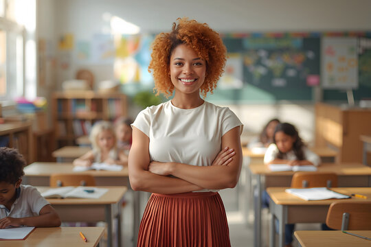 Confident, smiling diverse teacher in a bright, modern classroom with students engaged in learning at their desks. - Powered by Adobe